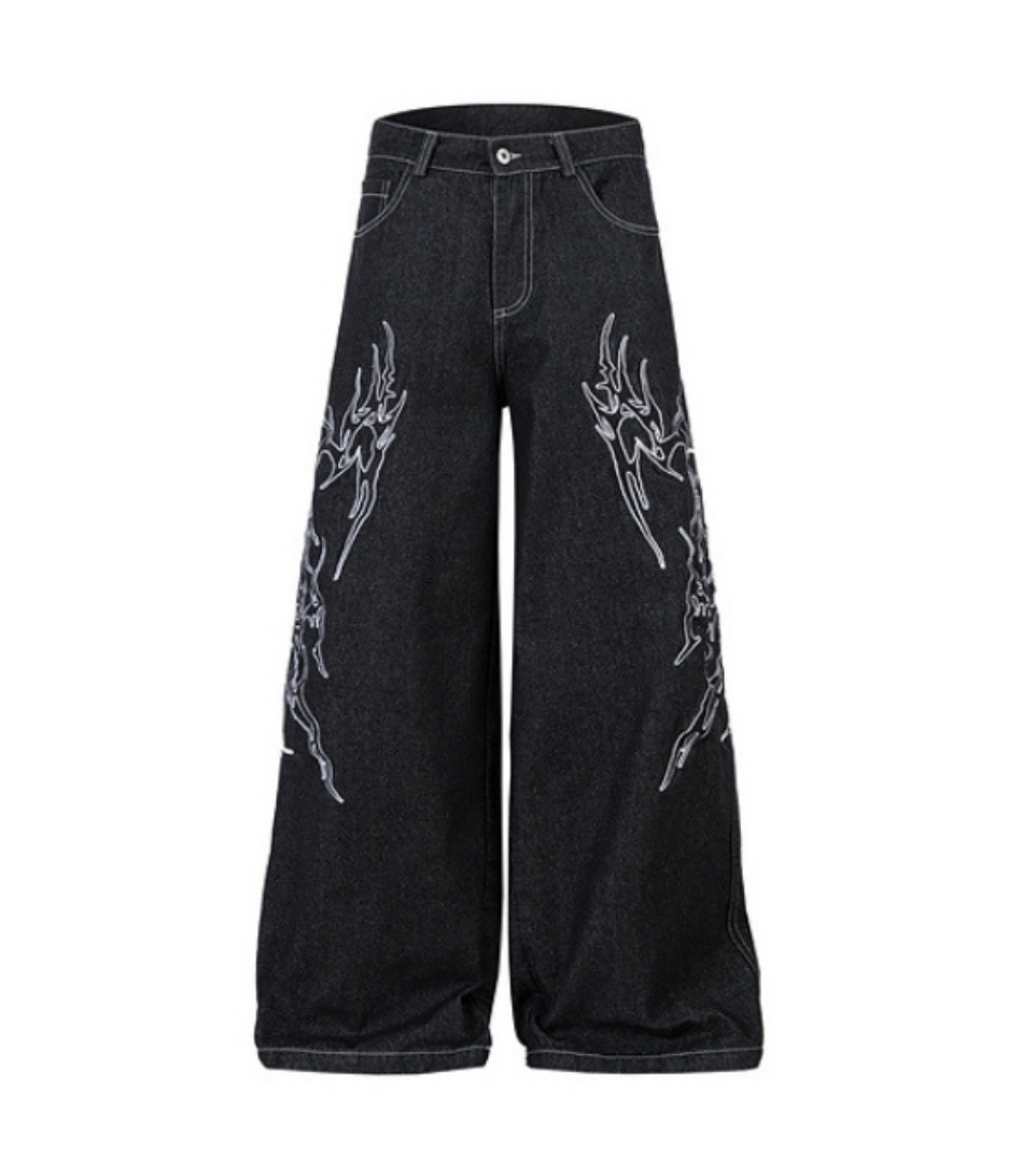 Tribal Flame Embroidered Wide Denim Pants