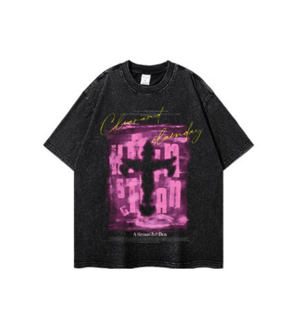 Washed Black Graphic Tee with Pink Cross Print