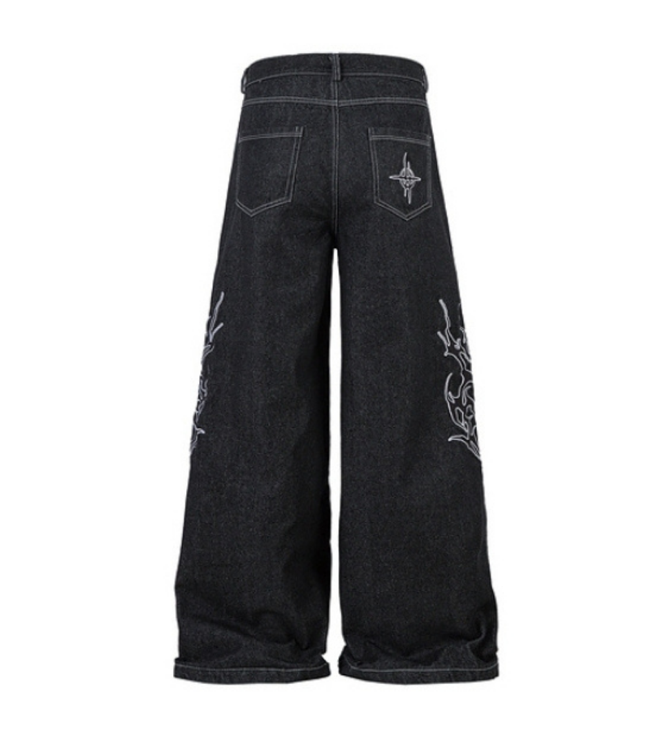 Tribal Flame Embroidered Wide Denim Pants
