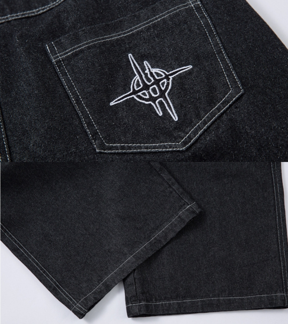 Tribal Flame Embroidered Wide Denim Pants