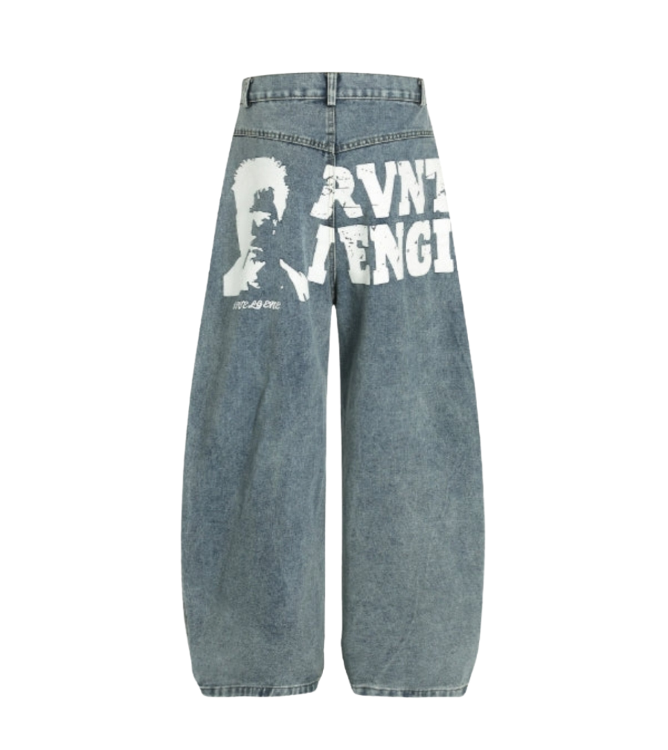 Graphic Portrait Print Wide Denim Pants