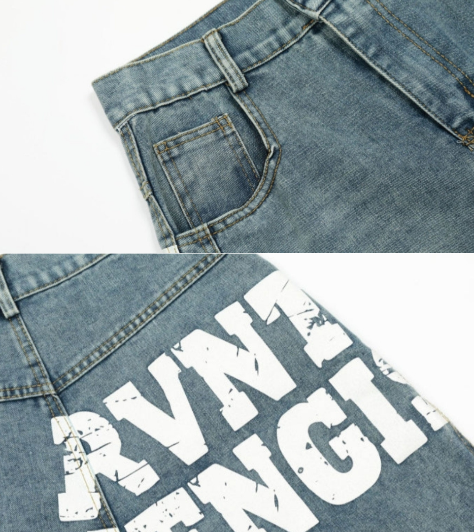 Graphic Portrait Print Wide Denim Pants
