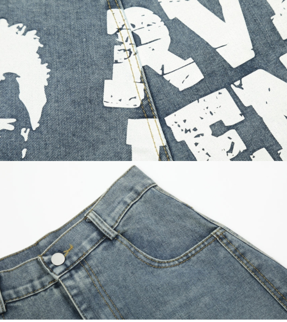 Graphic Portrait Print Wide Denim Pants