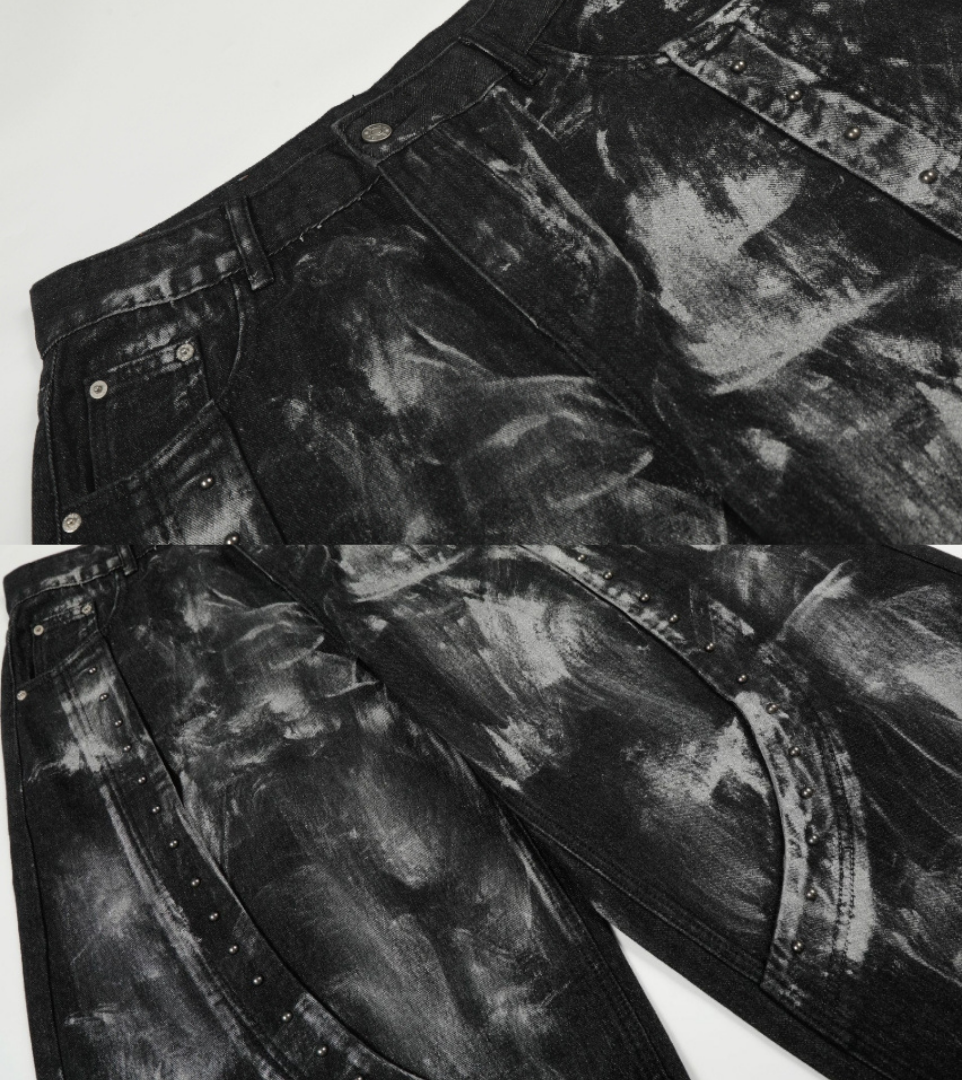 Smoky Washed Panel Wide Denim Pants