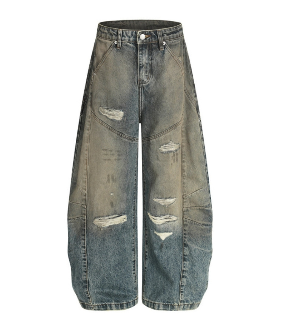 Vintage Distressed Panel Wide Denim Pants