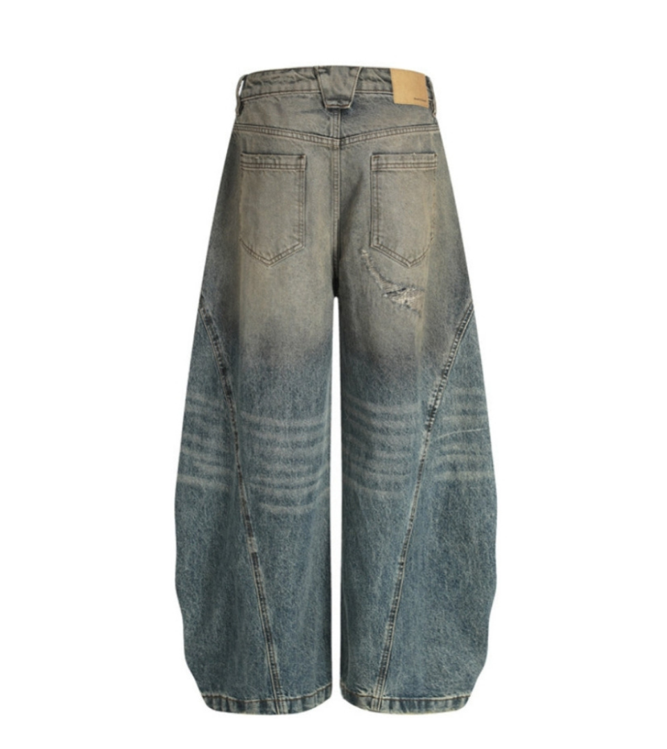 Vintage Distressed Panel Wide Denim Pants