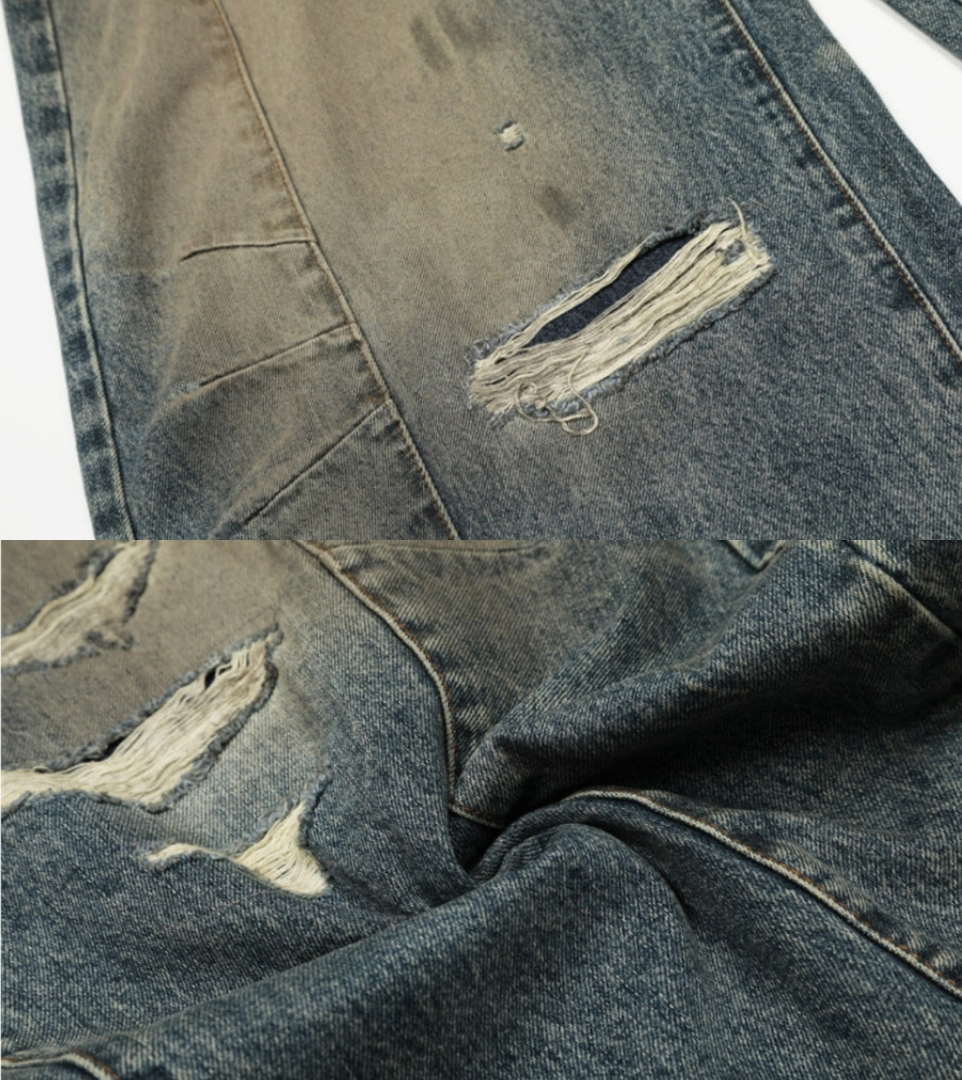 Vintage Distressed Panel Wide Denim Pants