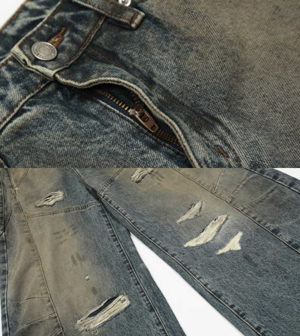 Vintage Distressed Panel Wide Denim Pants